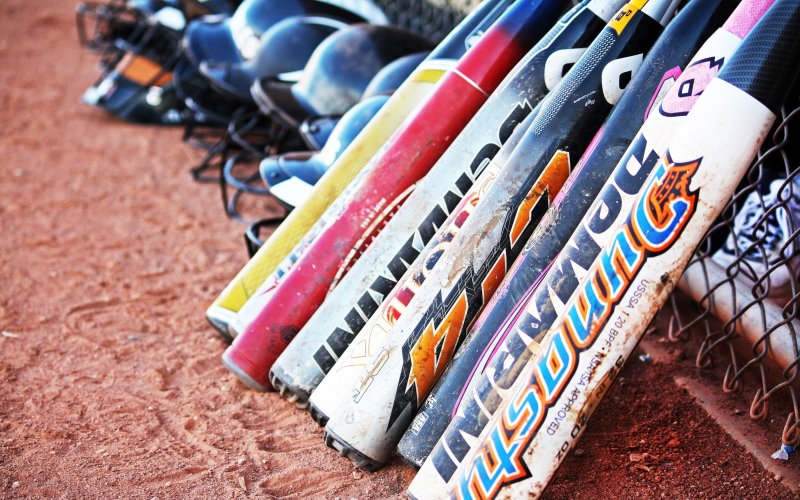 Softball bats lined up against the fence